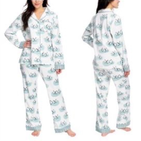Munki Munki White & Blue Penguin Snow Striped Pajama Long Sleeve Pants Set - Picture 10 of 15